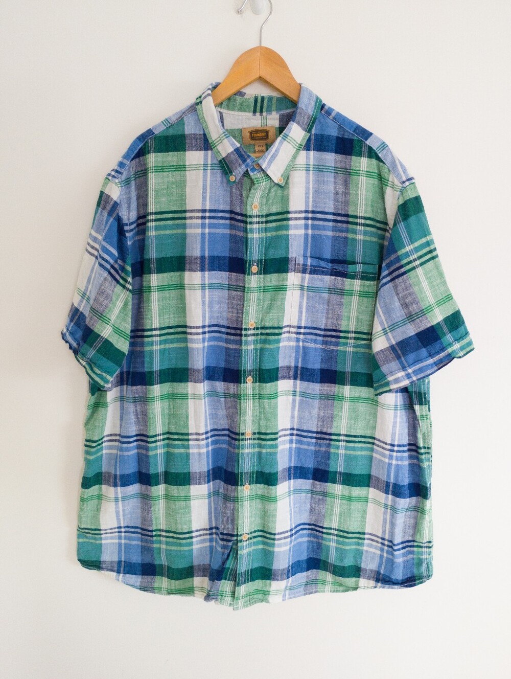 The Foundry Big & Tall Short Sleeve Plaid Button Front Shirt 3XLT Blue Green